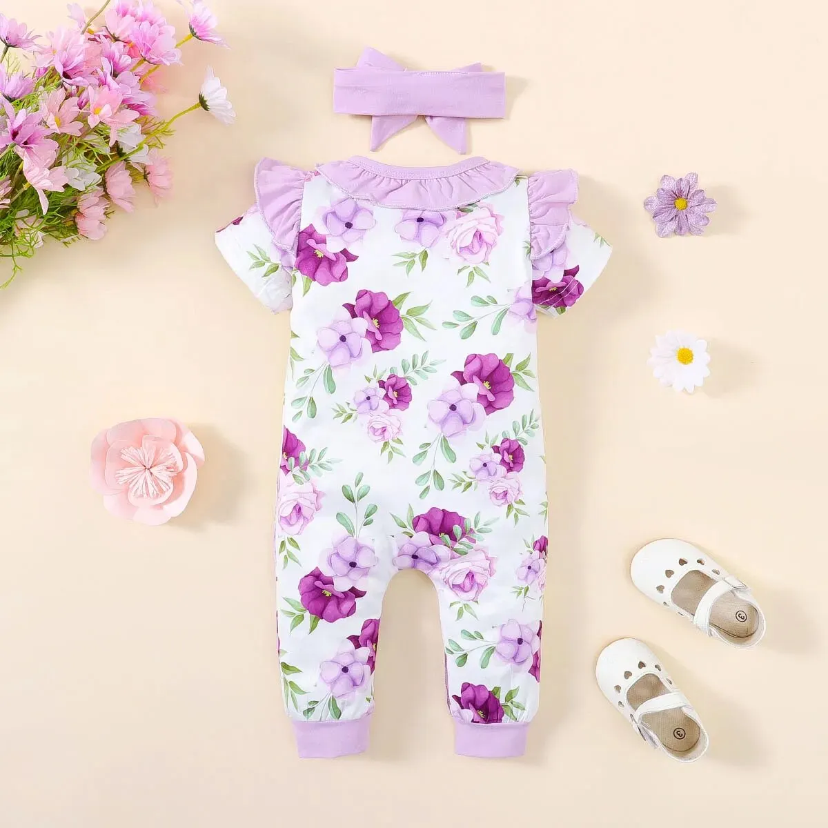 Summer Newborn Infant 0-1 Years Old Baby Girls Romper Short Sleeve A Flower Print Kids Soft Baby Casual Clothing