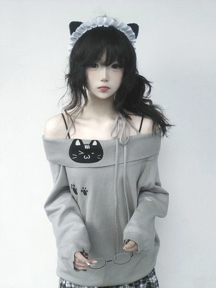 الأمريكية الرجعية لينة خارج الكتف Kawaii تي شيرت المرأة القط المطبوعة تصميم الرسن فضفاض Y2k قمة Harajuku الحلو شيك موضة الزي #4