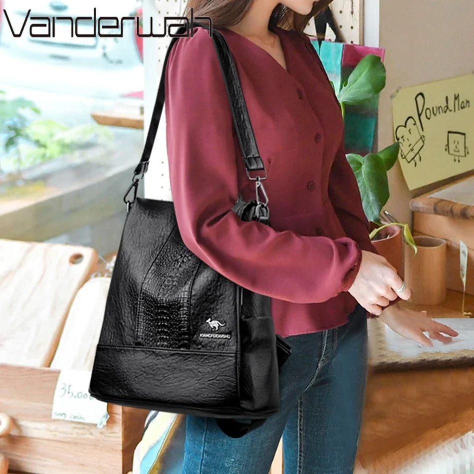 Women\'s Crocodile Pattern Backpack Leather School Bookbags for Girls Bagpack Large Capacity Designer Travel Rucksack Mochilas