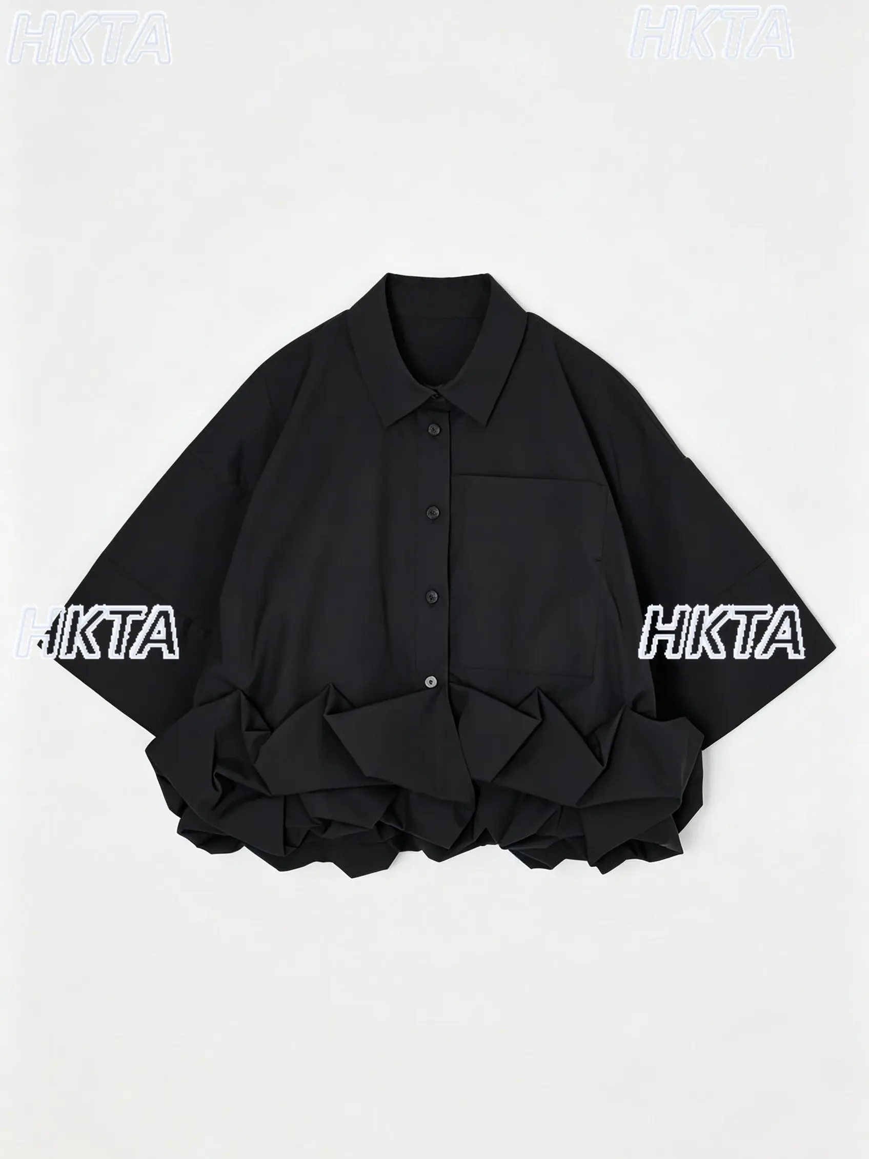 Japanese Pleated Lapel Loose Personality Three Dimensional Pocket Short Sleeve Shirt Summer Commute Short Top Black Blusas Women