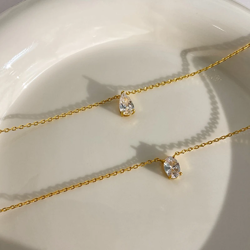 INS Minimalist Small Waterdrop Oval Pendant Necklace Stainless Steel 18K Gold Color Cubic Zirconia Collar Necklace Fashion Gift