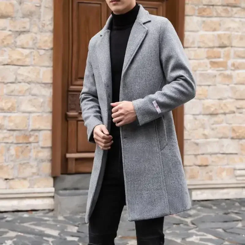 2021 Red Long Mens Trench Coats Woolen Burgundy Elegant Gentleman Overcoats England Vintage Classic Claret Long Jackets Mens