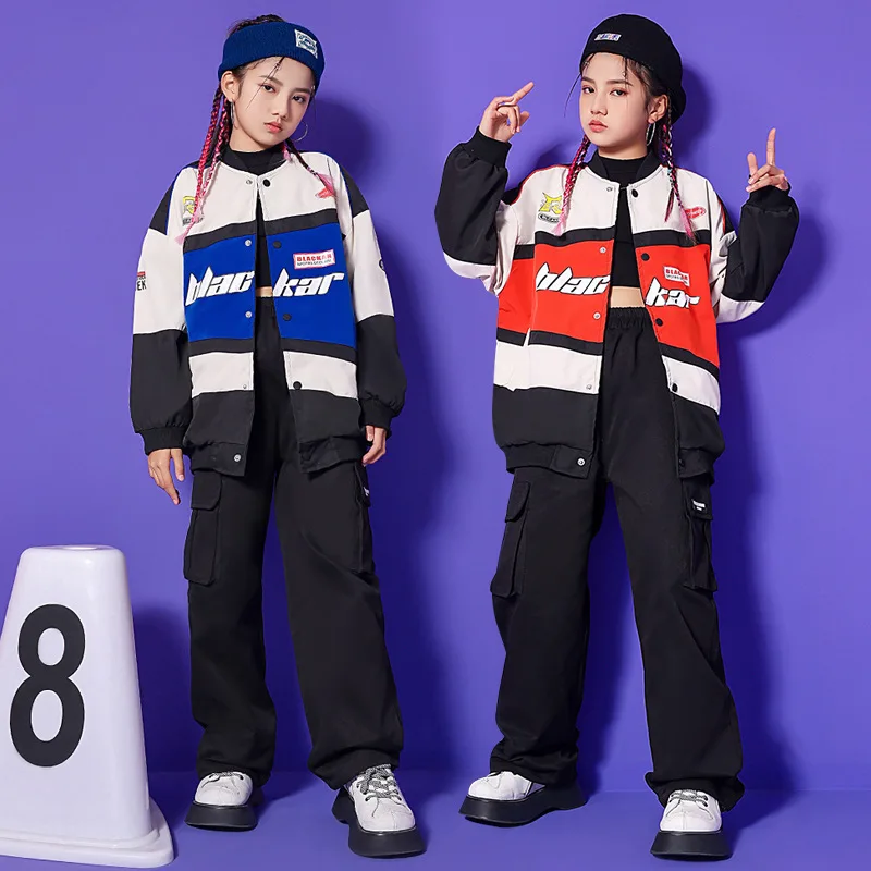 Girls Hip Hop Bomber Letters Jacket Cargo Pants Boys Stage Baseball Coat Child Street Dance Wear Clothes Sets Kids Jazz Costumes