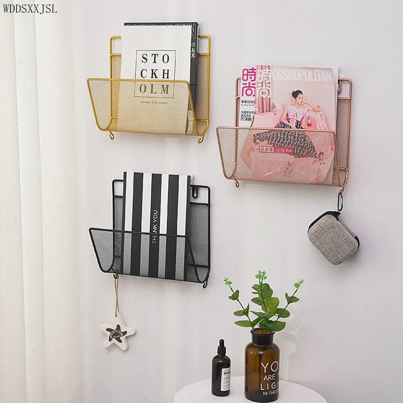 1pc modern simplicity creative wall-mounted newspaper rack bookshelf home decor multi-functional storage rack hook design