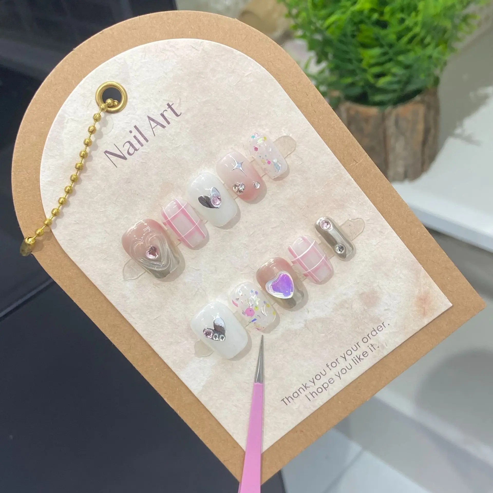 

10Pcs Sweet Cool Y2k False Nails Star Heart Pink Fake Nails Glitter Diamond Nail Art Cute Checkered Press on Nails Short Square