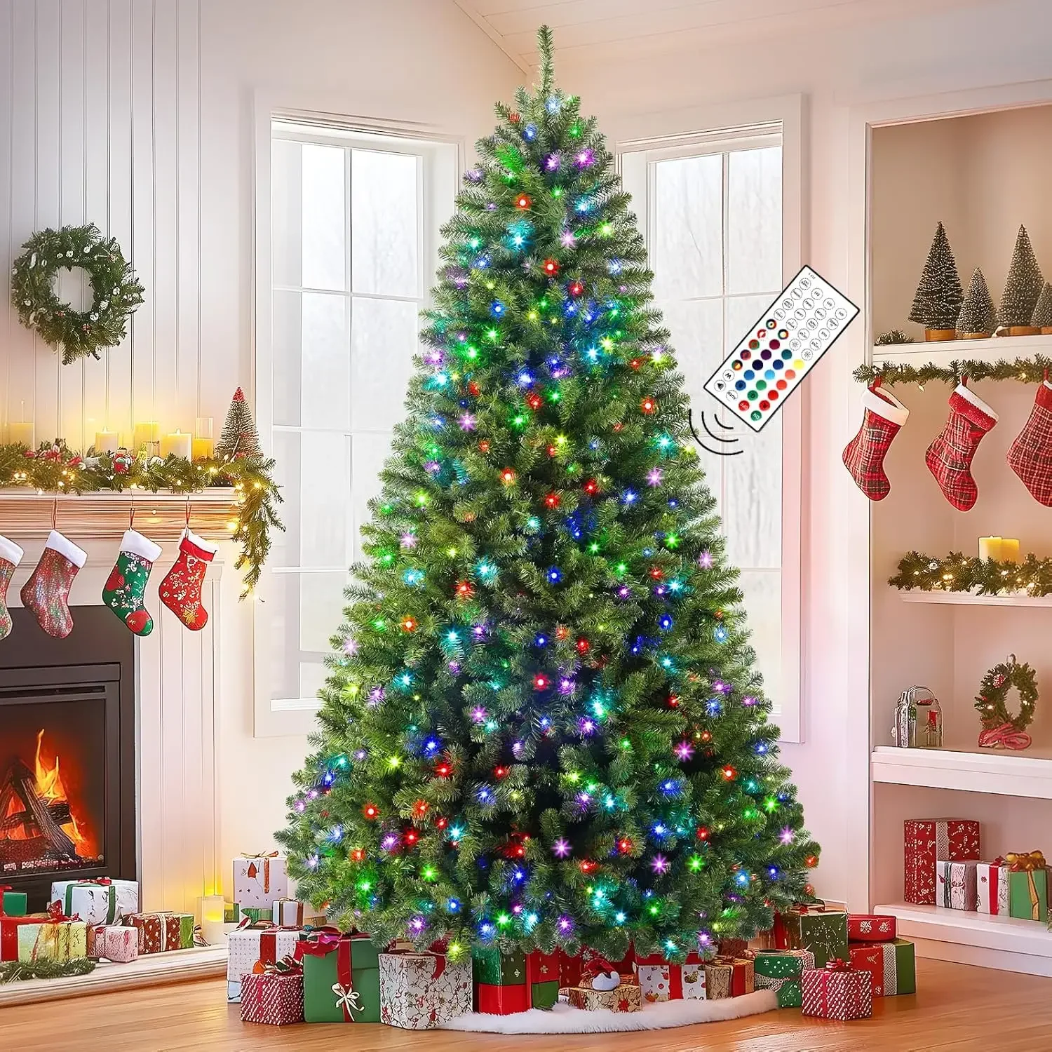 470 Multi-Color Changing RGB Lights, 1264 PVC Branch Tips, Remote Control 7.5 Feet Pre-Lit Tree for Xmas Decoration, Green