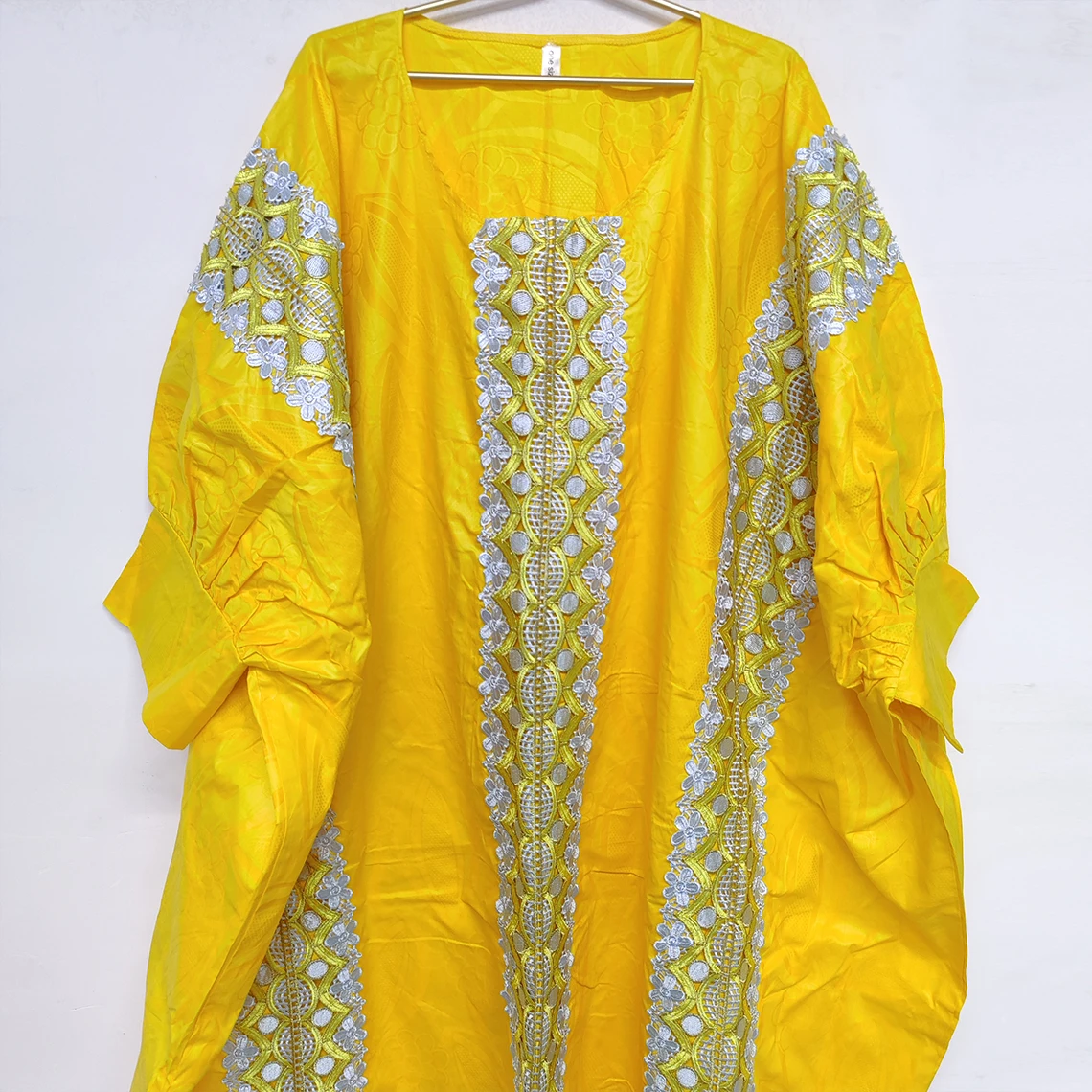 

Yellow African Boubou Bazin Riche Dashiki Wedding Bride Dress Traditional Nigerian Lady Robe With Ribbon Embroidery Gown