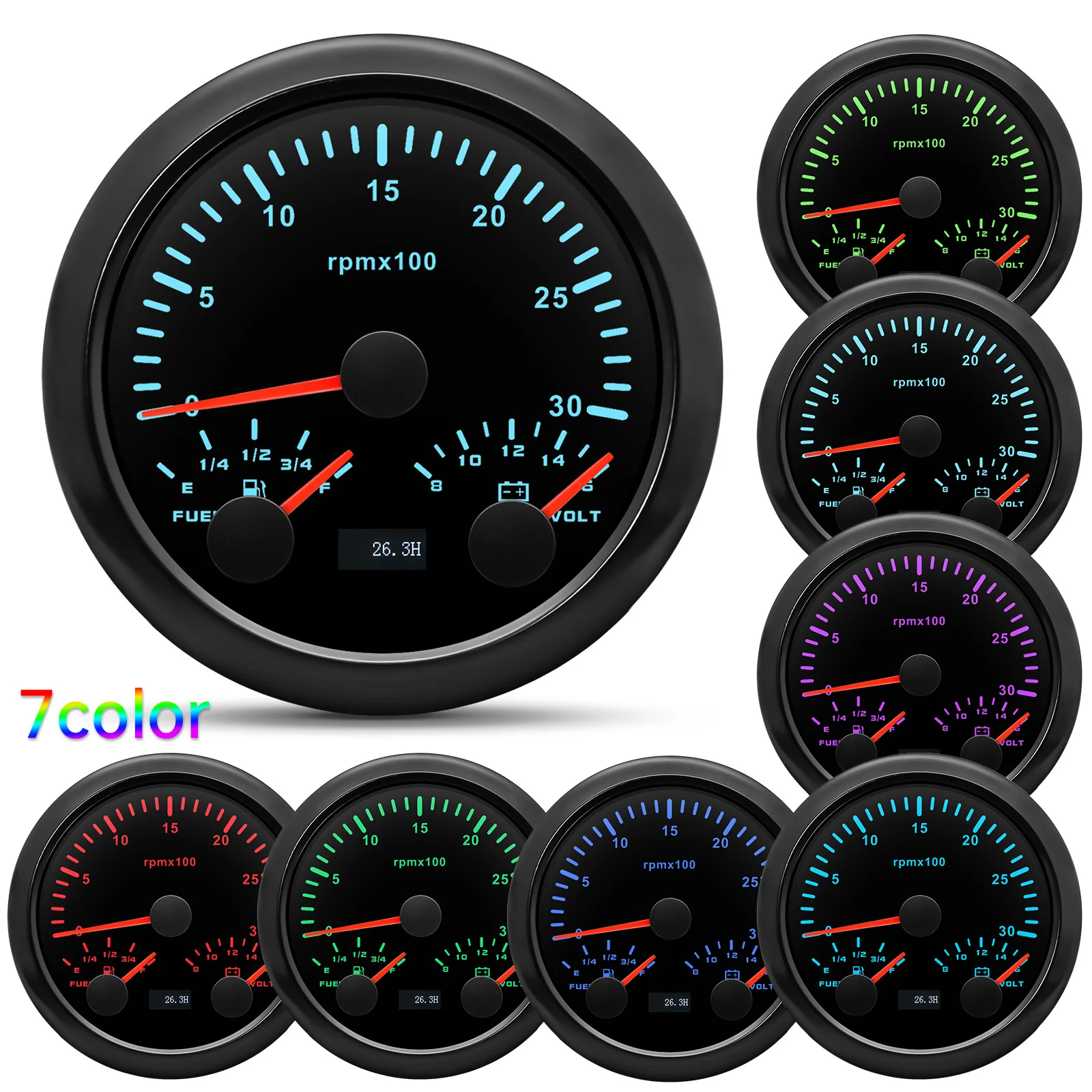 3000RPM,4000RPM,6000RPM,7000RPM,8000RPM 85MM Tachometer+Fuel Level Gauge+Voltage with Fuel Level Sensor 0-190ohm 7 Color LED