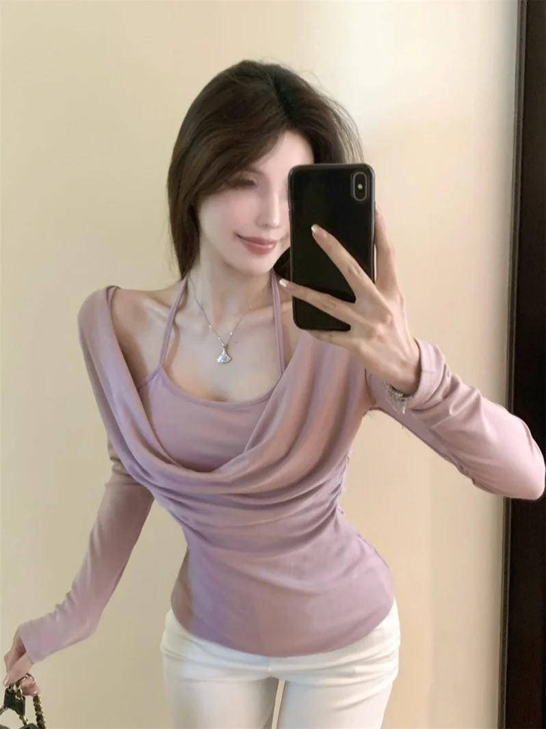 Camiseta Longa Pure Desire para Mulheres, Design Slim Fit, Estilo Coreano, Roupa de Outono para Uso Diário