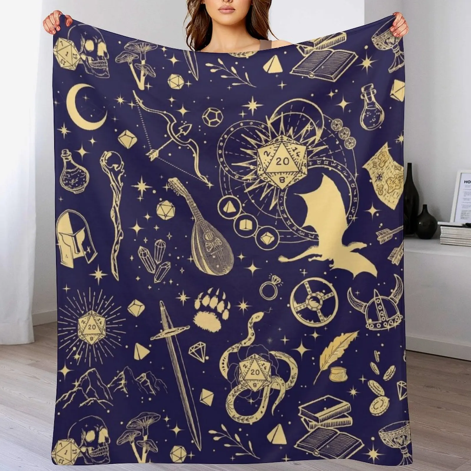 DND RPG pattern seamless: dungeons and dragons doodles, Celestial night sky and stars constellations Throw Blanket