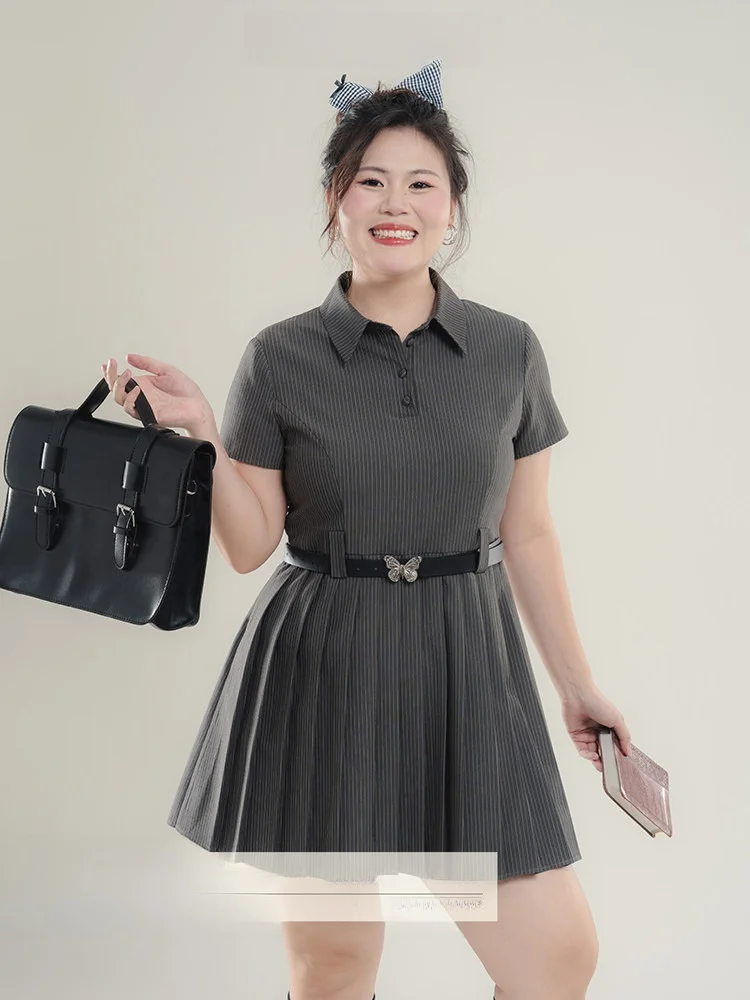 

Новая летняя плиссированная юбка в горошек для женщин больших размеров, с воротником, А-силуэт, для повседневной носки, китайский размер