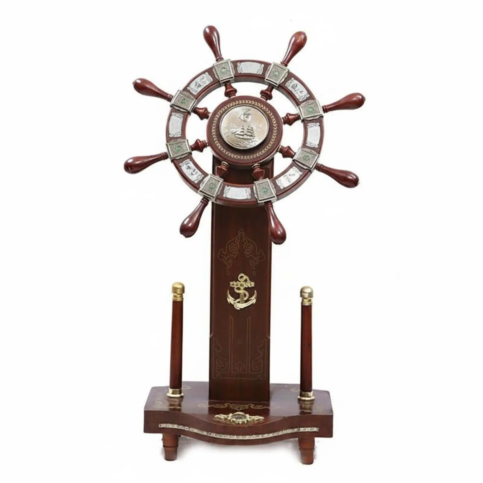 Solid Wood Decorative Ship Wheel Nautical Table Ornament for Desk Shelf Home Coastal Style Decor Gift