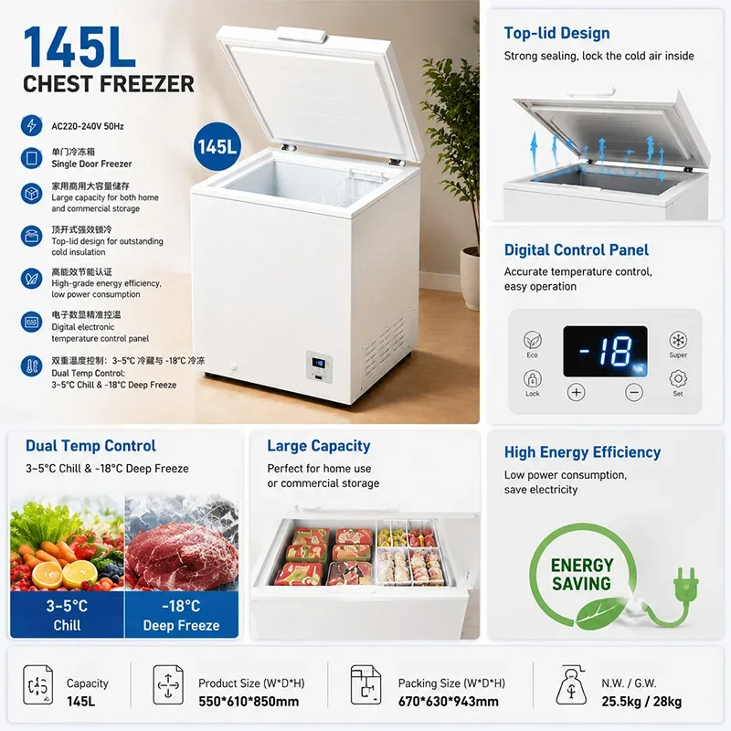 Top-Opening Single-Door Household Freezer, 145L Capacity, Dual-Temperature Zone Control, Refrigeration and Freezing(Customized)