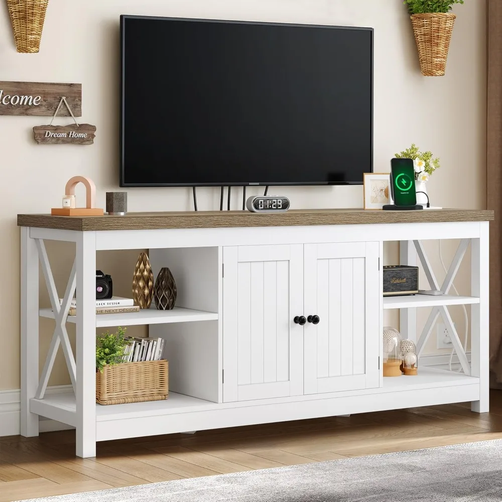 

TV Stands for Living Room, Power Outlets for Television, Farmhouse Media Console TV Cabinet with Adjustable Shelf Open Shelves