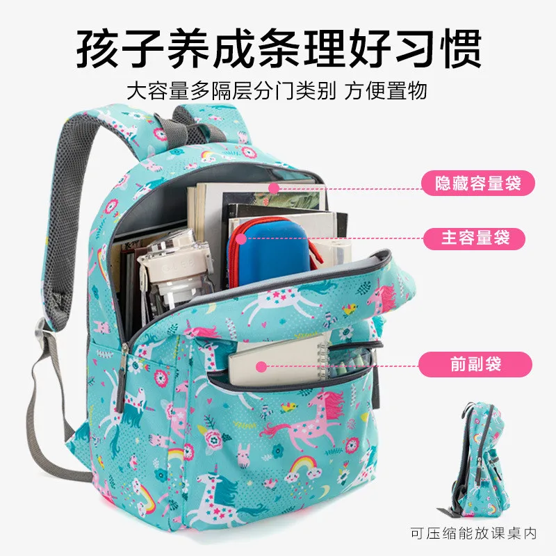 Girls Backpack 3 Piece Set Primary School Student School Bag Insulated Lunch Bag and Pencil Case Unicorn Print