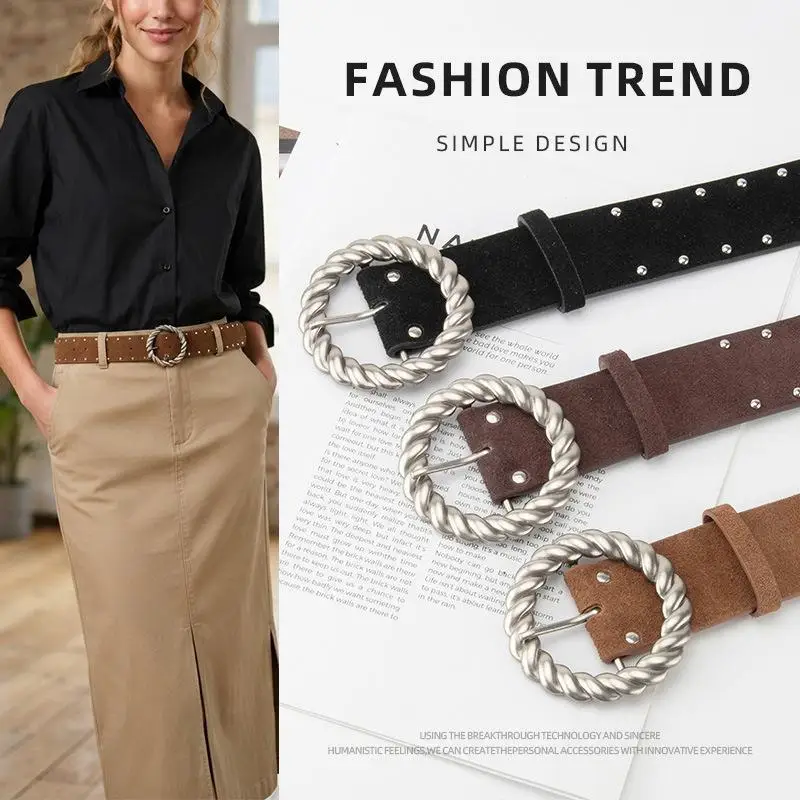Metal Retro Braided buckle Genuine Leather Belt for Women rivet studded Split Cowhide Waistband Dress Jeans Pants Belt cinturon
