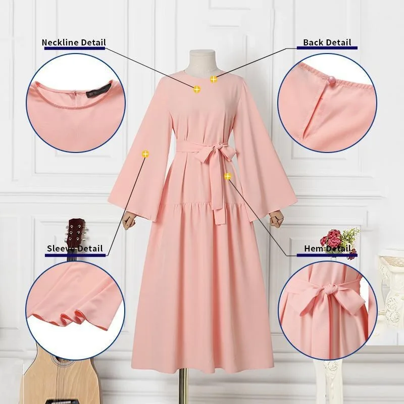 New Ramadan Muslim Arab Women's Dress Commuter Holiday Leisure Horn Sleeve Belt Big Swing Long Dubai Islamic Turkiye Dress