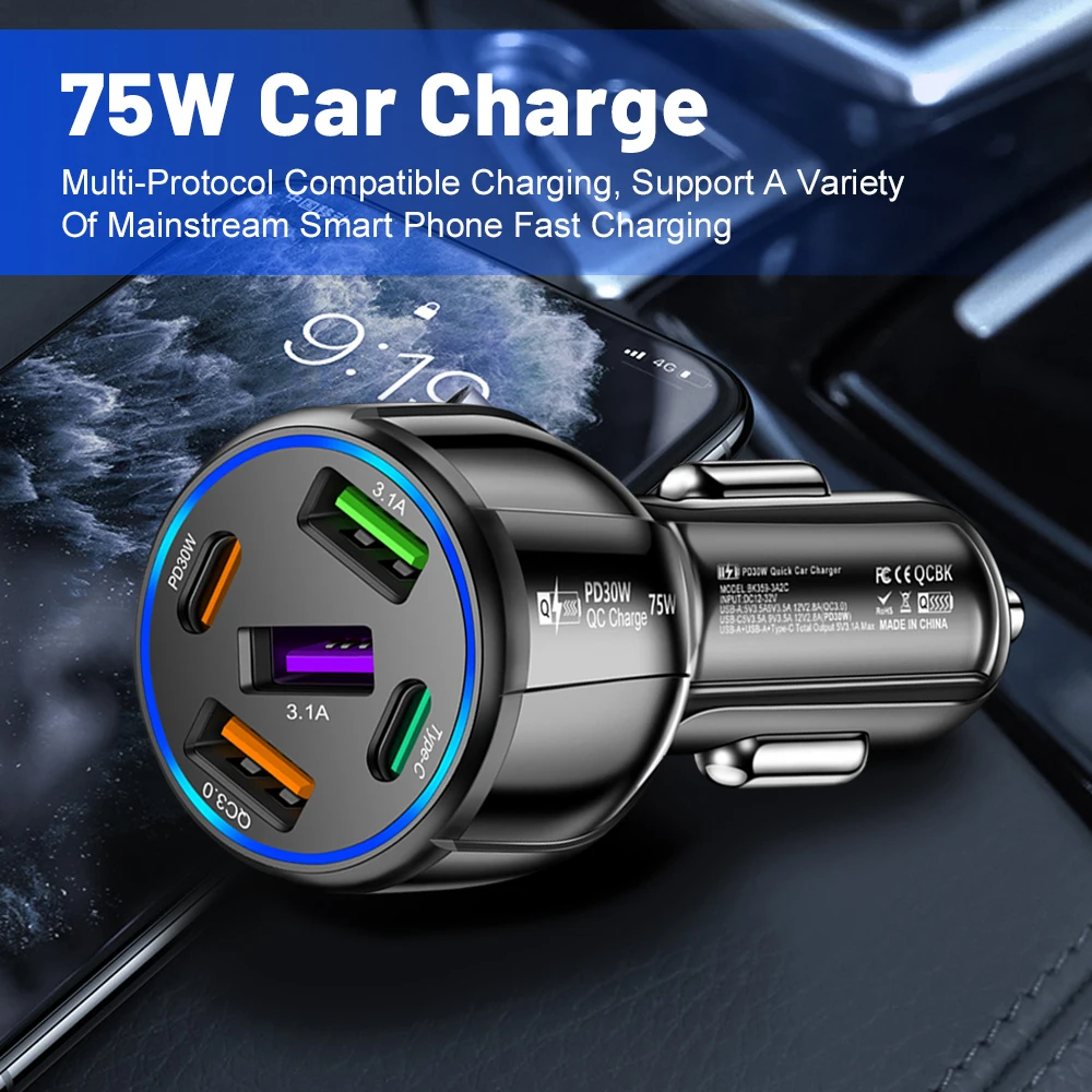 OLAF 5 Port 75W USB Car Chargers Type C Car Charger Fast Charging PD QC3.0 Phone Charger in Car For iPhone Xiaomi Huawei Samsung