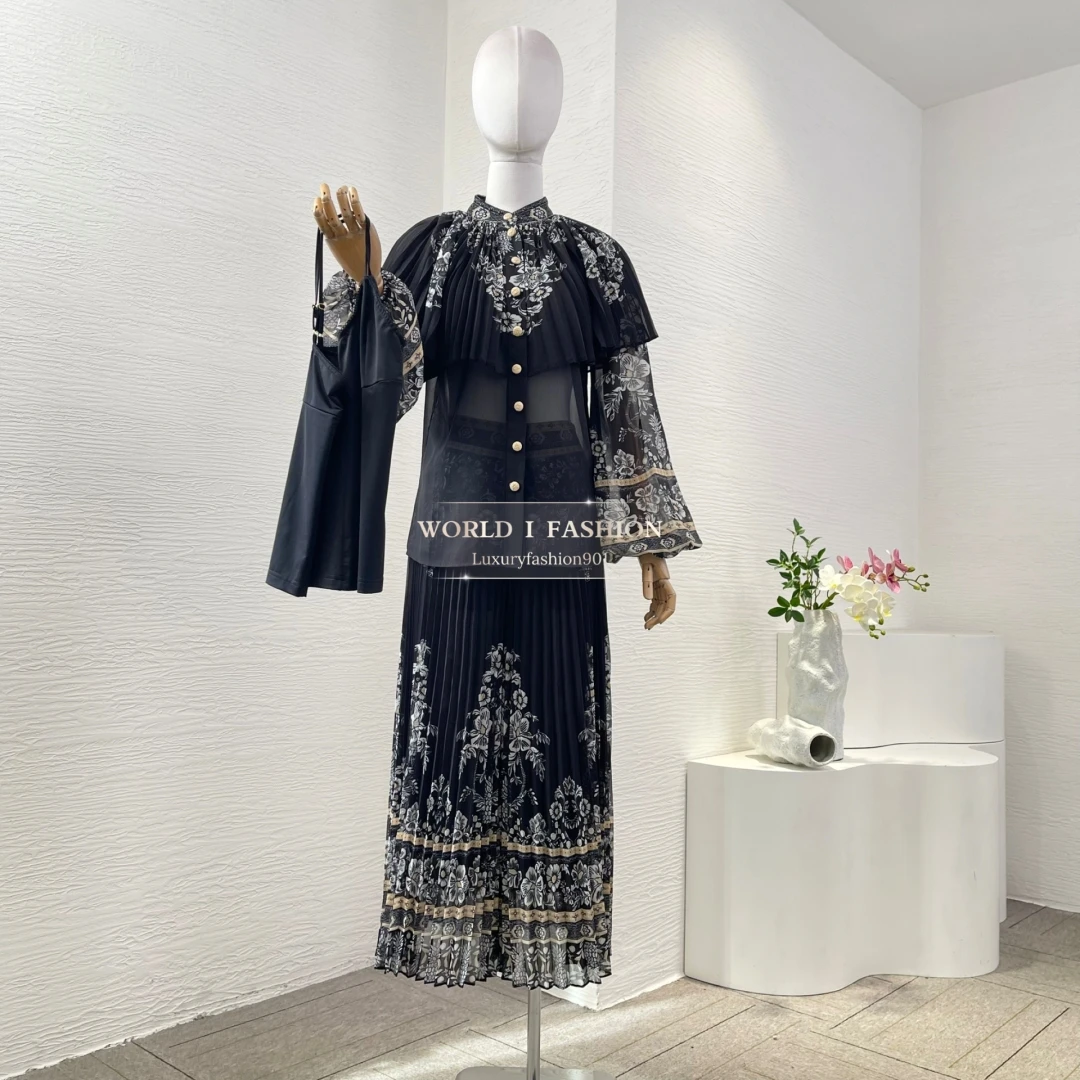 

2025 New High Quality White Floral Print Full Lantern Sleeve Pleats Elegant Women Blouse and Pants Set Black Outfit