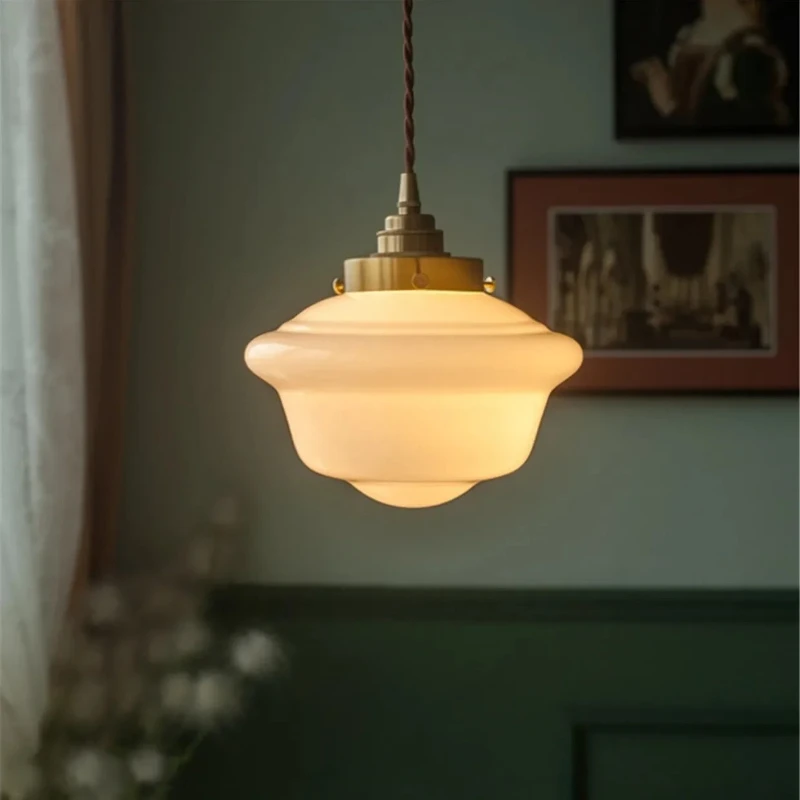 

Milky White Glass Pendant Lights Fixtures Indoor Art Decor Copper French Cream Style Hanging Lights Bedroom Restaurant Bar Cafe