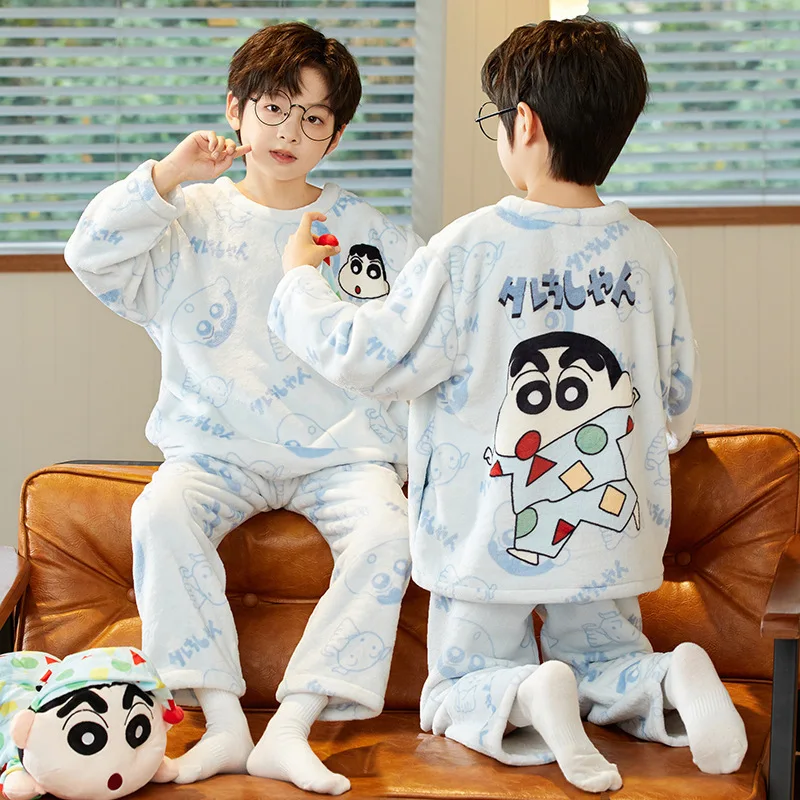 2 قطعة الكرتون تلوين شين تشان بنين الأطفال المخملية منامة مجموعة البلوز السراويل أنيمي اليابانية الكرتون الخريف الشتاء ملابس منزلية جديدة #4