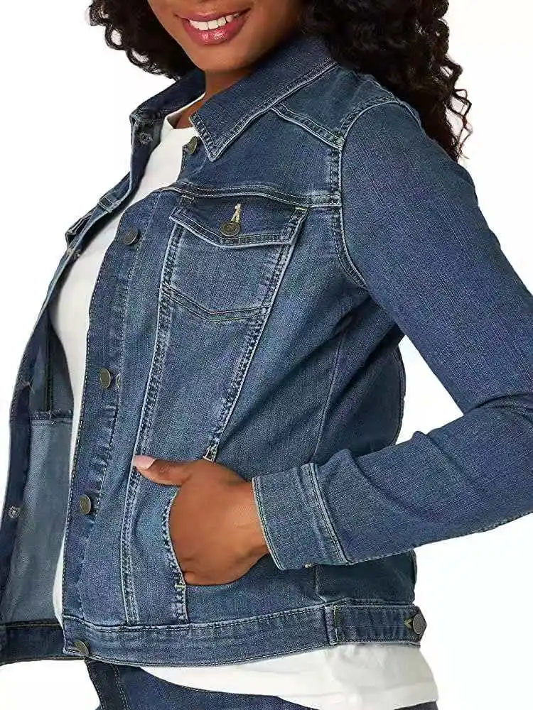 2024 Autumn Women Denim Coat Washed Long Sleeve Slim Fit Short Jacket Pockets Turn Down Collar Street Casual Female Outerwear