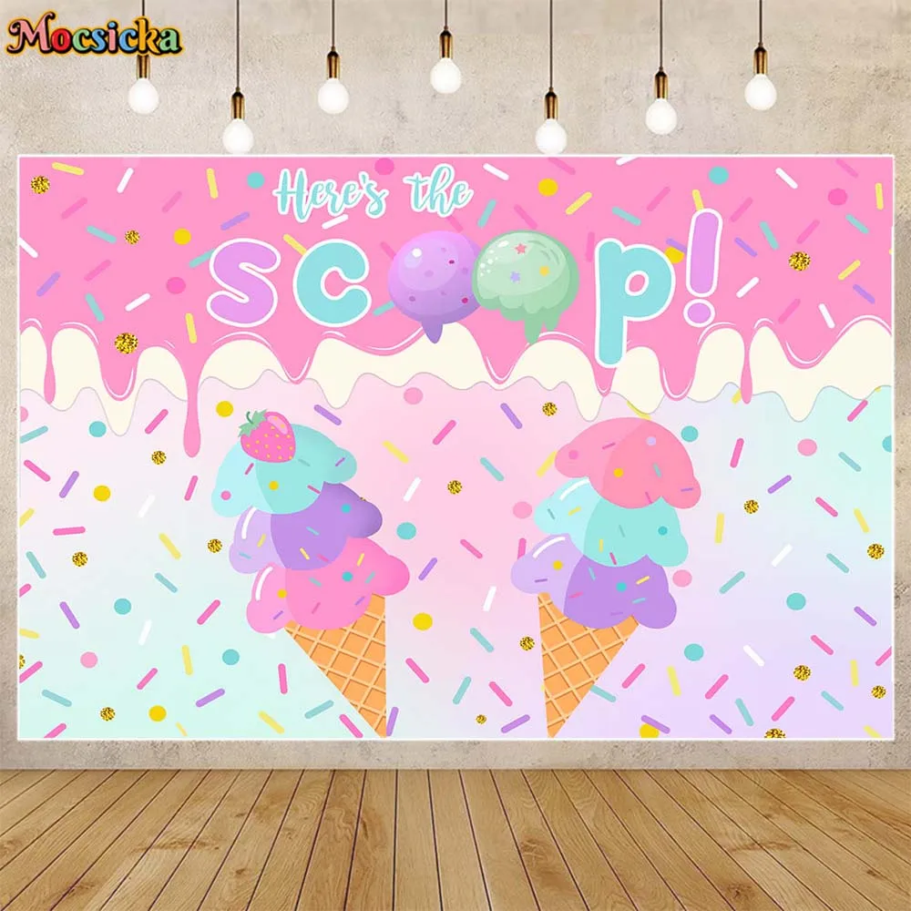 

Mocsicka Here's The Scoop Ice Cream Baby Shower Backdrop Newborn Welcoem Party Decorations Girl Birthday Background Banner Props