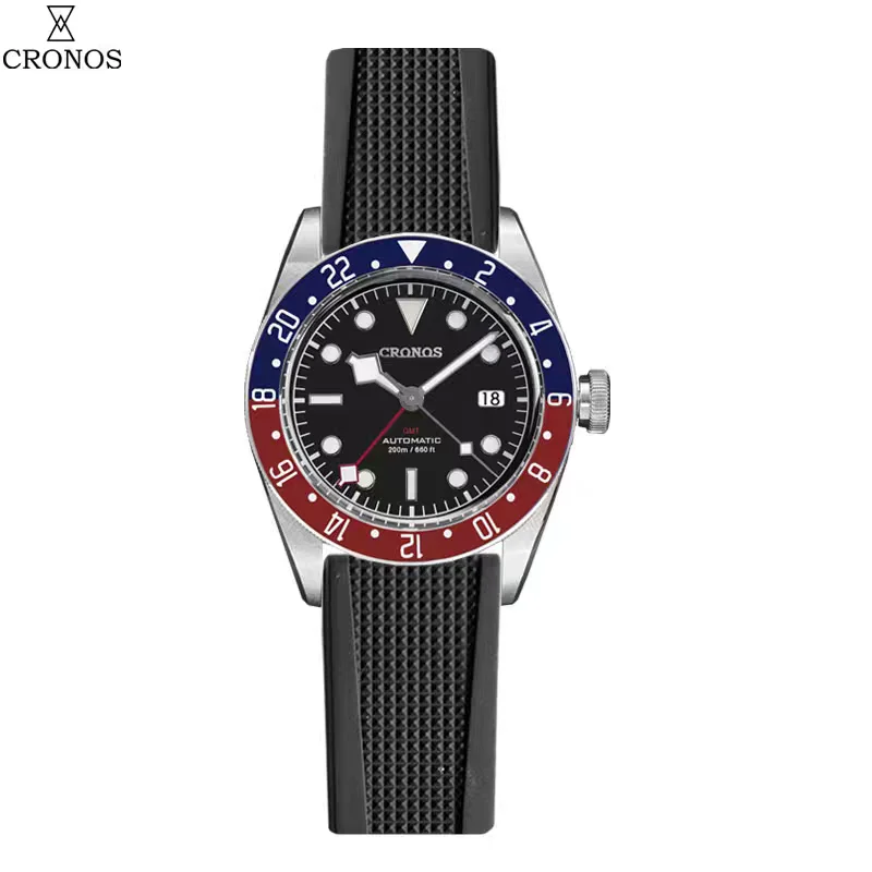 CRONOS Men Automatic Watch Pilot 39mm GMT Mechanical Wristwatch BGW-9 Luminous Diver 200M Waterproof Sapphire Mirror NH34 Sport