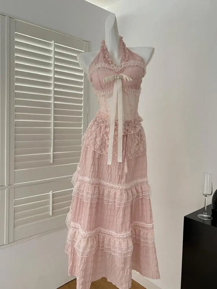 

Retro Women Two Piece Set Summer Pink Patchwork Lace Sleeveless Backless Halter Tops And High Waist Ruffles Long Skirt Beachwear