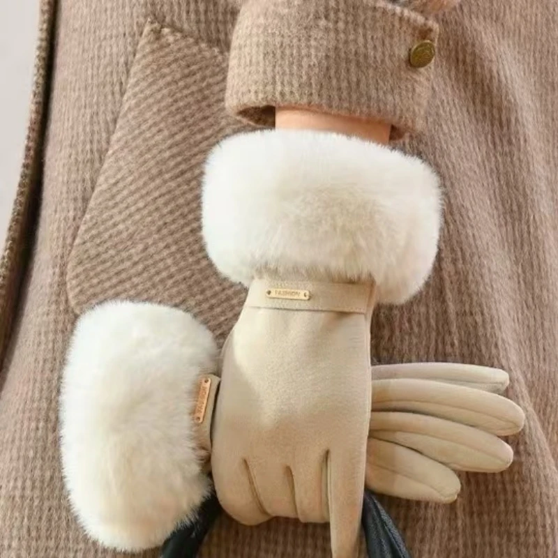 Warme Damenhandschuhe, wind- und kältebeständig, Touchscreen, Reiten und Fahren mit dicken Samt-Outdoor-Reise-Winterhandschuhen
