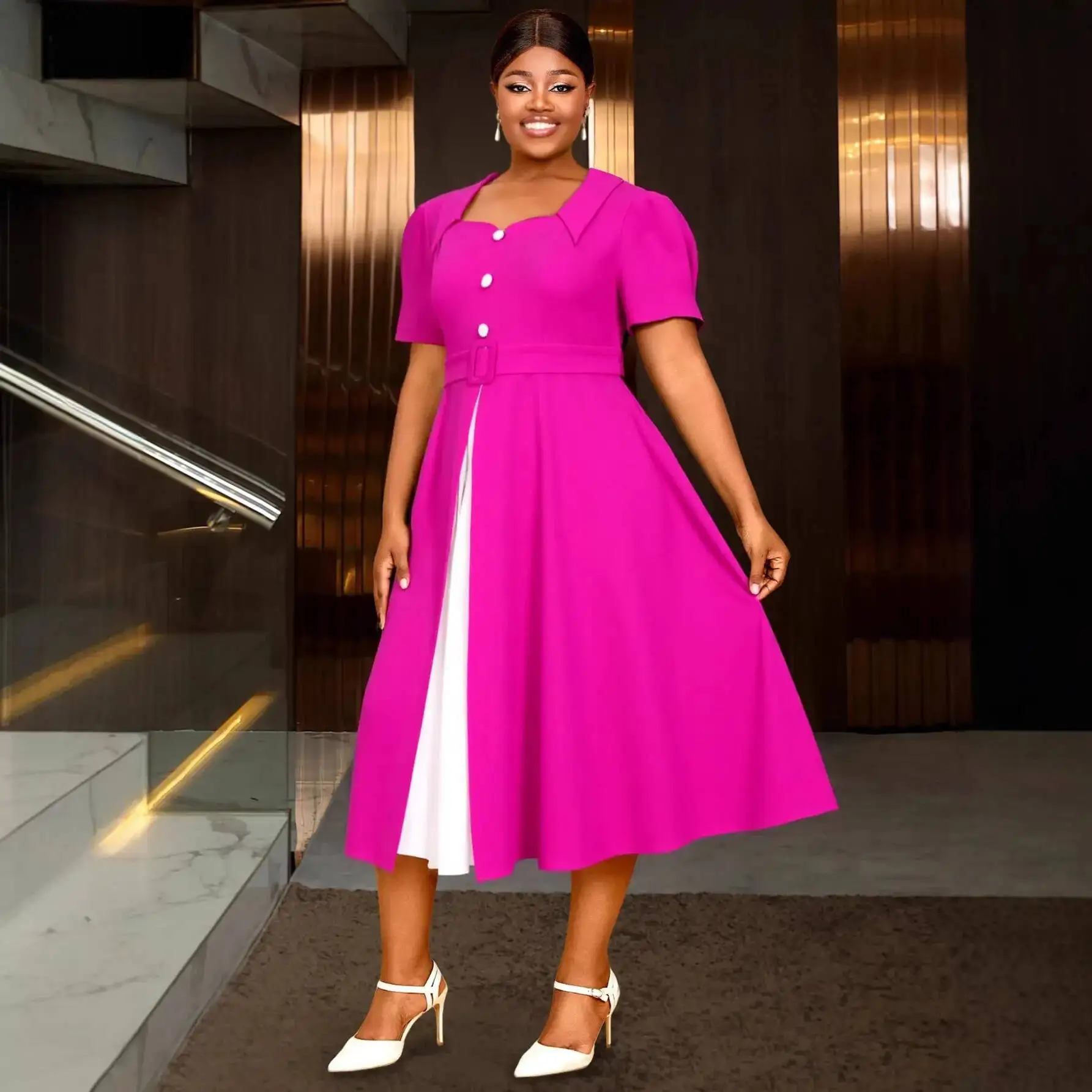 

Plus-size Women's Rose Red Contrast Color Dress, Square Neck, Waist-cinching, Elegant Party Short-sleeve Gown Casual Y2K