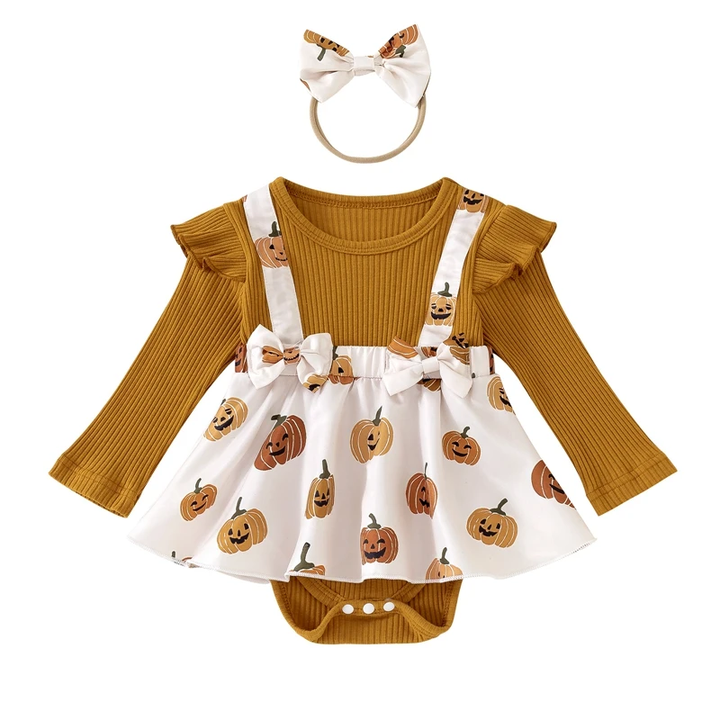 

Baby Girl Thanksgiving Outfit Newborn Outfit Ribbed Ruffle Romper Dress and Headband Cute Fall Clothes