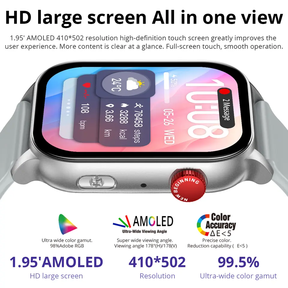 ساعة ذكية كولمي P78 بشاشة AMOLED 1.95 بوصة مع كشاف ونداء صوتي وأكثر من 100 وضع رياضي ومراقبة الصحة للرجال والنساء - 3