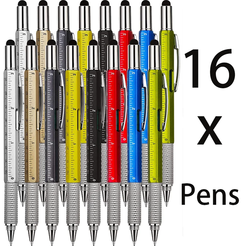 

16Pcs Tool Pen 6-in-1 Multitool Tech Tool Pen with Ruler Level Gauge Ballpoint Pens Stylus Pen Slotted Screwdriver Multifunction