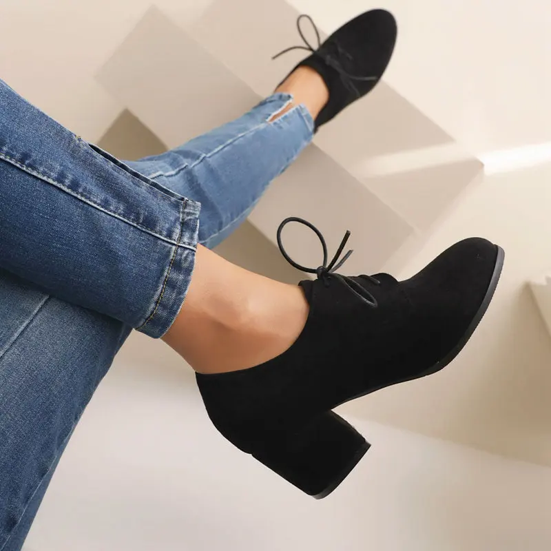 ASILETO Design Women Pumps Round Toe Block Heels 6cm Lace Up Flock Large Size 43 44 45 Office Lady Casual Female Shoes