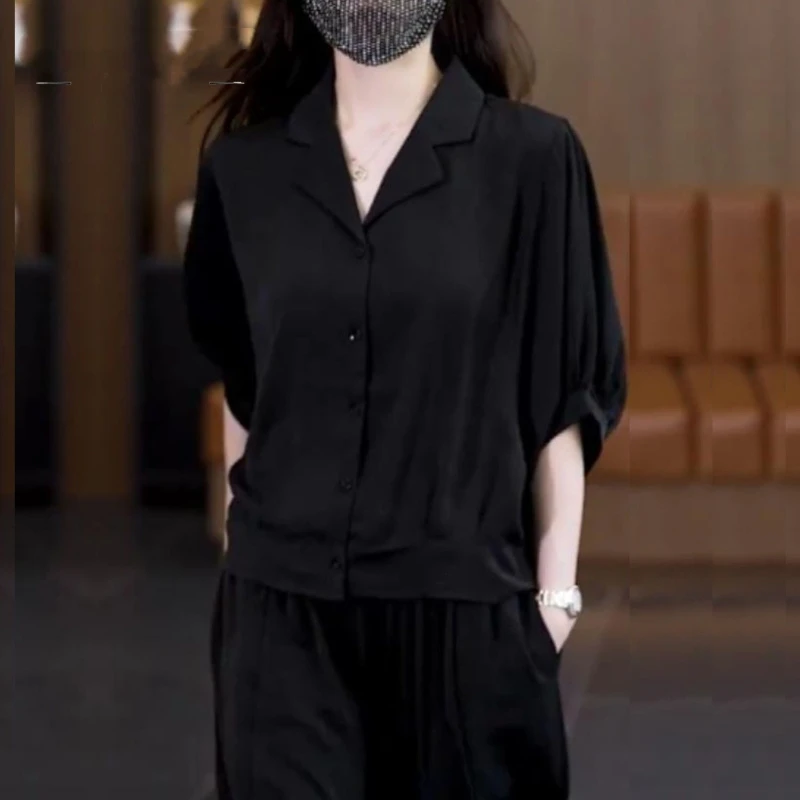 2024 Summer Korean Commuter Leisure Fashion Plus Size Short Sleeve Flip Collar Button Top Solid Color Pocket Harem Women's Suit
