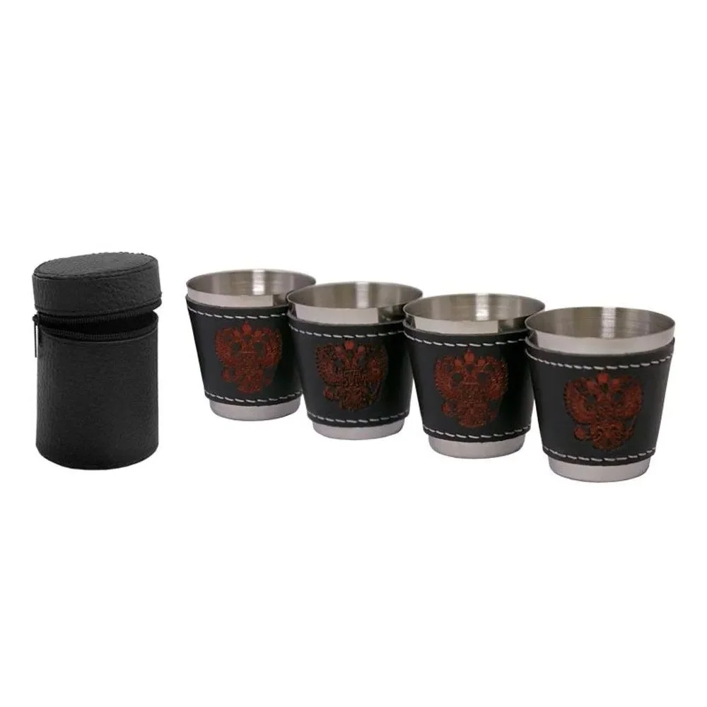 Lightweight 4pcs 30ml Stainless Steel Cups with PU Leather Bag Portable Outdoor Cups for Travel Camping Hiking Use
