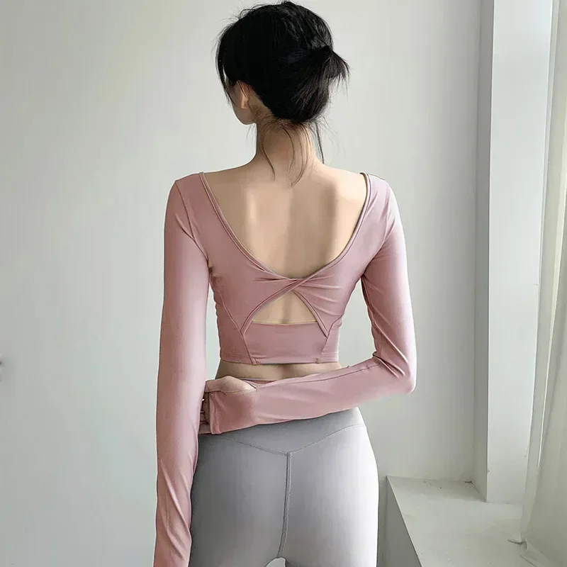 

Long Sleeve Spring Autumn Dance Practice Suit Cross Beauty Back Quick Dry Breathable Yoga T-shirt Outdoor Sport Women Top