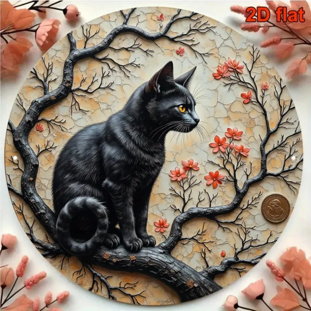 لوحة فنية جدارية معدنية على شكل زهر الكرز العتيق - ديكور دائري باللون الأسود والأحمر مقاس 8 بوصات من الألومنيوم المتين للاستخدام الداخلي والخارجي لليوجا في استوديو المقهى