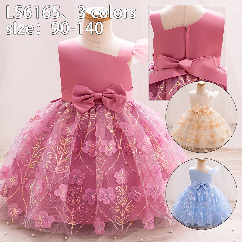 

ELBCOS 3-12Y Girls Asymmetrical Sleeveless Unilateral Floral Shoulder Strap Bow Waist Costumes Sequin Sakura Gauze Full Dress