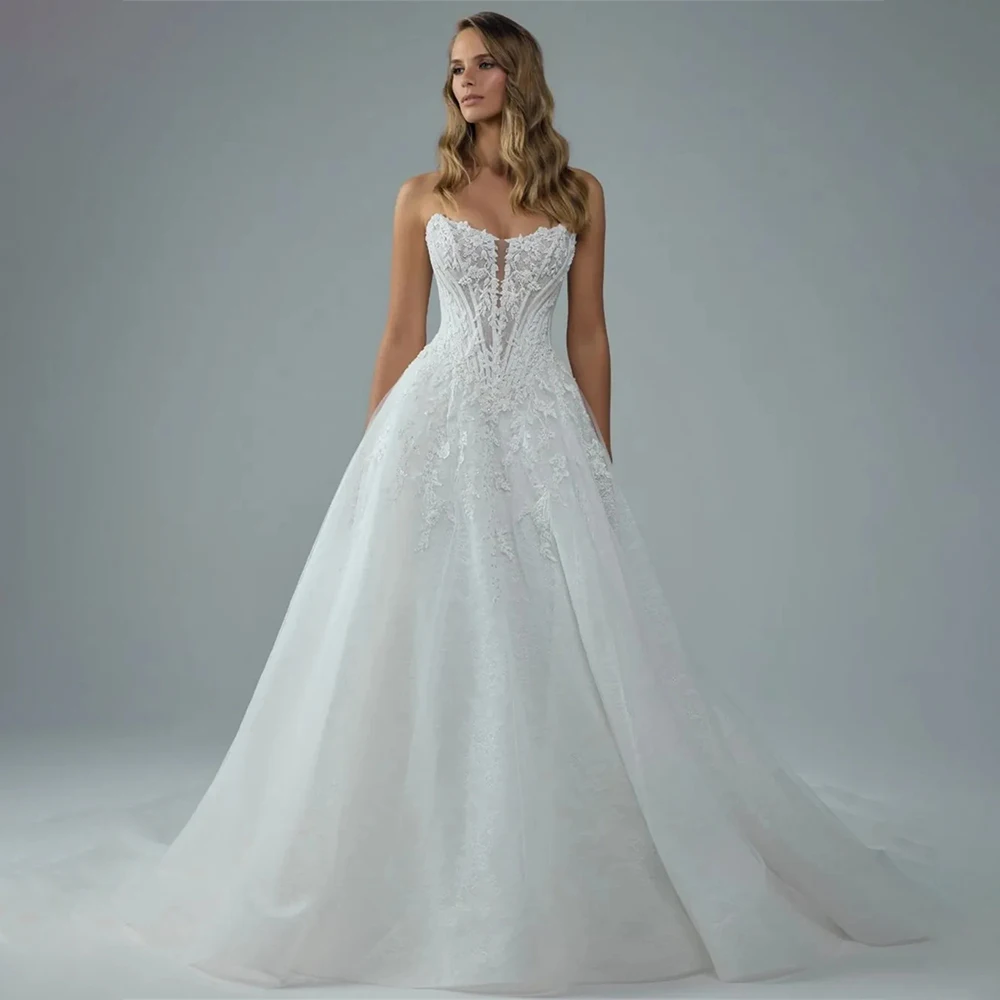Custom Made Strapless Sweetheart Corset Wedding Dress Lace Appliques A Line Bridal Gown with Long Train