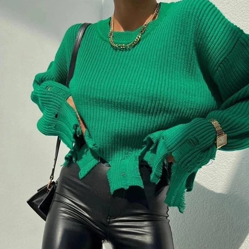 

Female Ripped Sweater Women Fashion Streetwear Autumn Winter Solid Round Neck Long Sleeve Loose Style Knitted Tops Pullovers