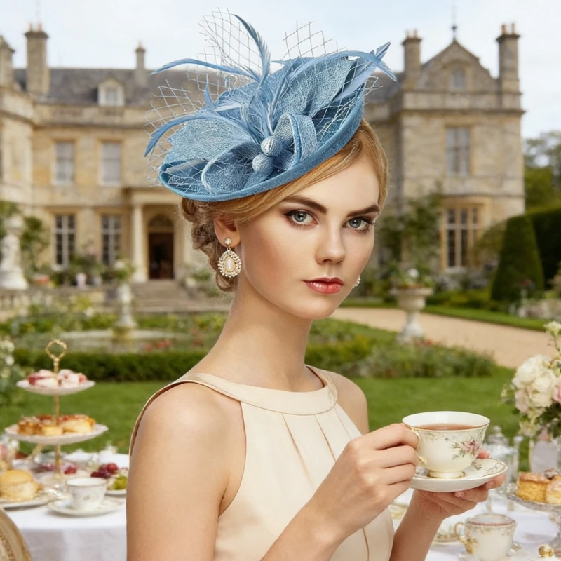 

Vintage Exquisite Feathers Fascinator Hat Bowknot Elegant Tea Party Mesh Hair Band Sweet Hair Hoop Bride Headdress Dance Show