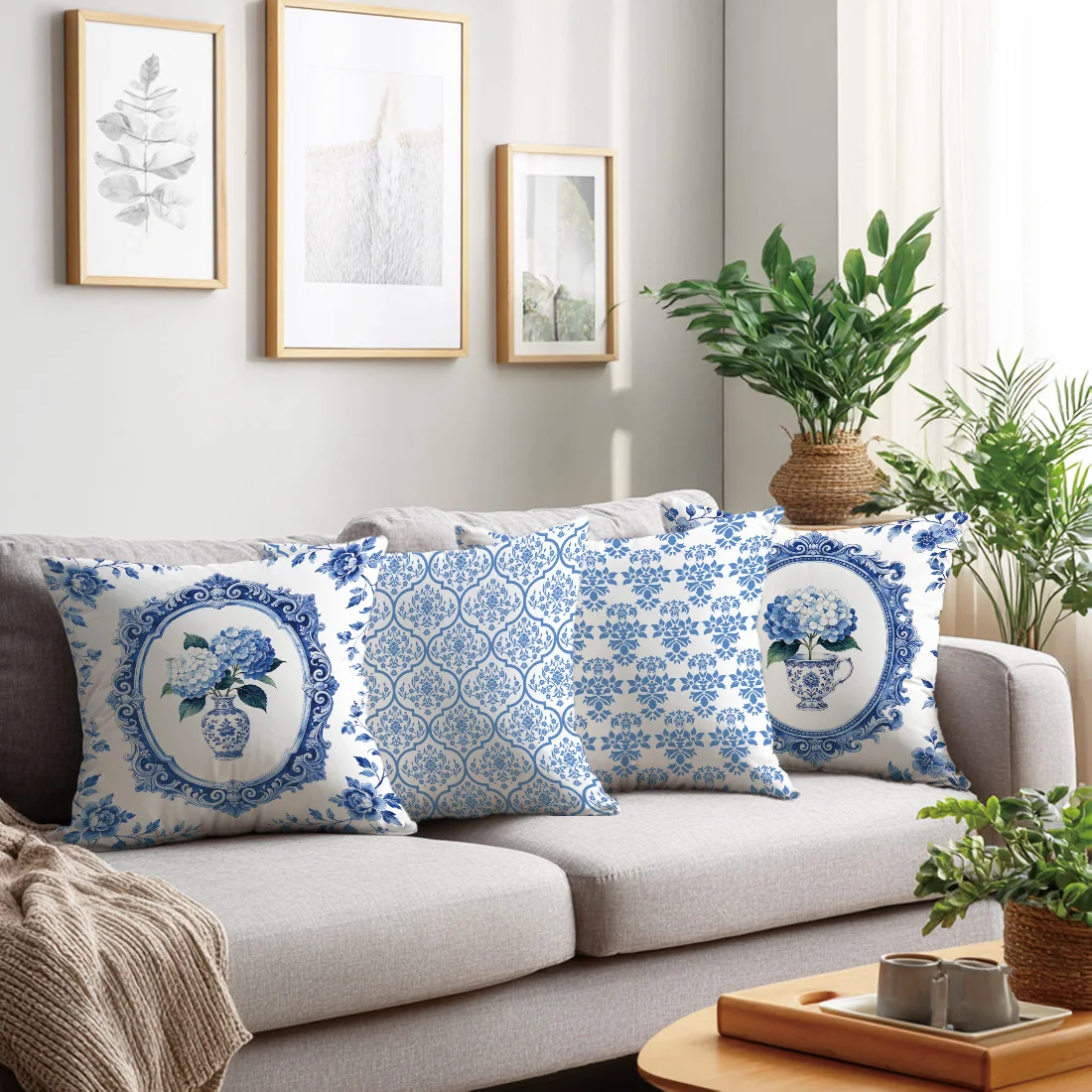 4Pc Classic Floral Cushion Covers Blue White Porcelain Hydrangea Vase Geometric Lattice Pattern Pillow Cases For Sofa Cozy Fresh
