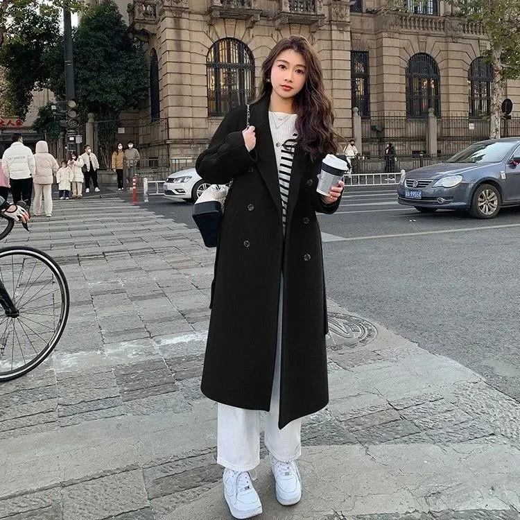 Korean Fashion Women Casual Loose Woolen Coat Elegant and Chic Solid Outerwear Long Overcoat with Belted Female Warm Cloak