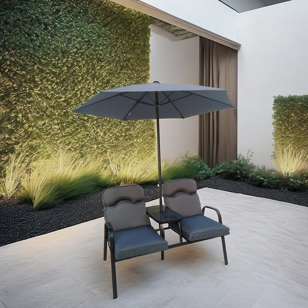 

Modern Design Outdoor Dining Set High Quality Garden Sling Stripe Chair Aluminum Table Plastic Cushion Umbrella Courtyard