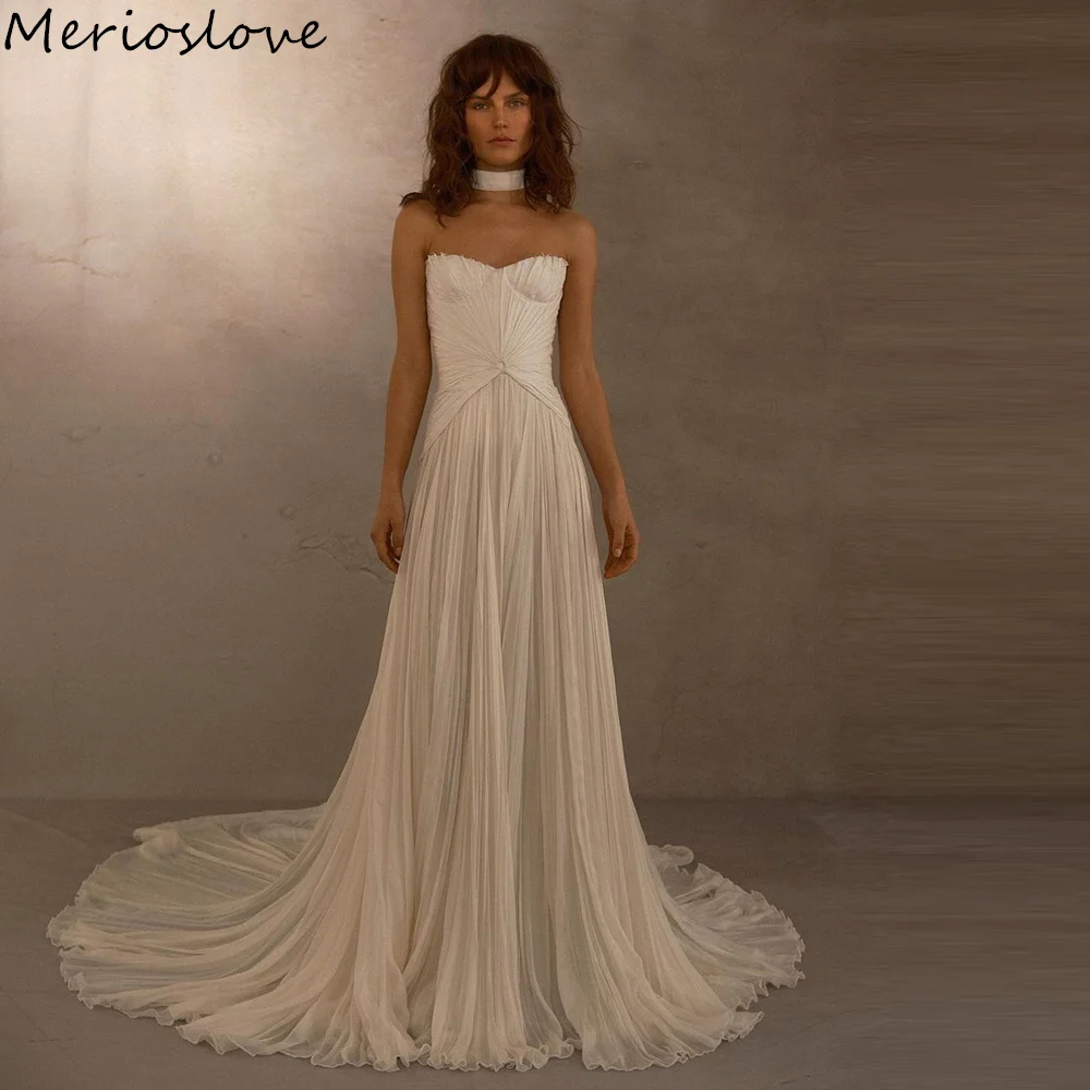 Merioslove Boho Wedding Dresses Sleeveless Sweetheart Pleat Ruched A-Line Bridal Gowns Beach Bride Dress 2024