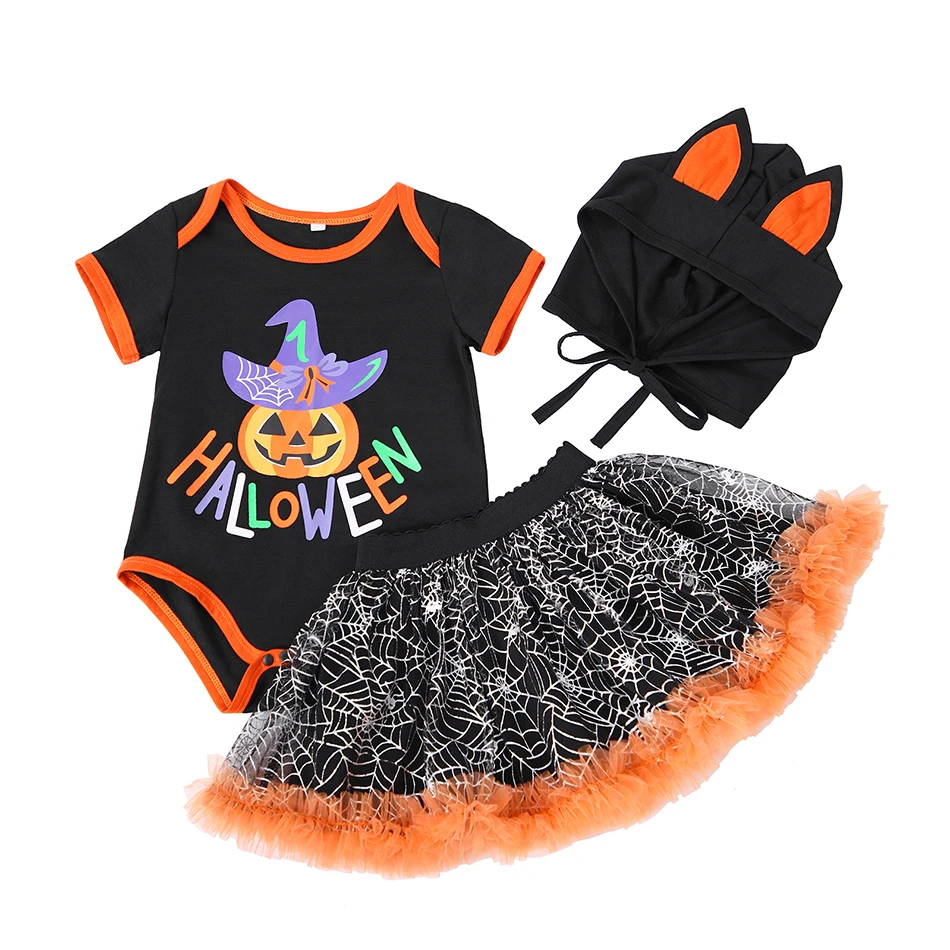 Halloween Cospaly Clothes Baby Girl Romper+Dress 2 pcs Cartoon Pumpkin Long Sleeve Tutu Dress Party Dress Clothing 0-24 Month