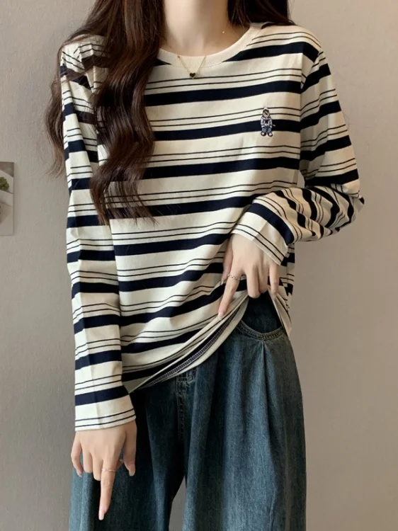 

Весна 2025: Женская приталенная базовая футболка с длинным рукавом в полоску, для повседневной носки, в корейском стиле, из дышащей ткани