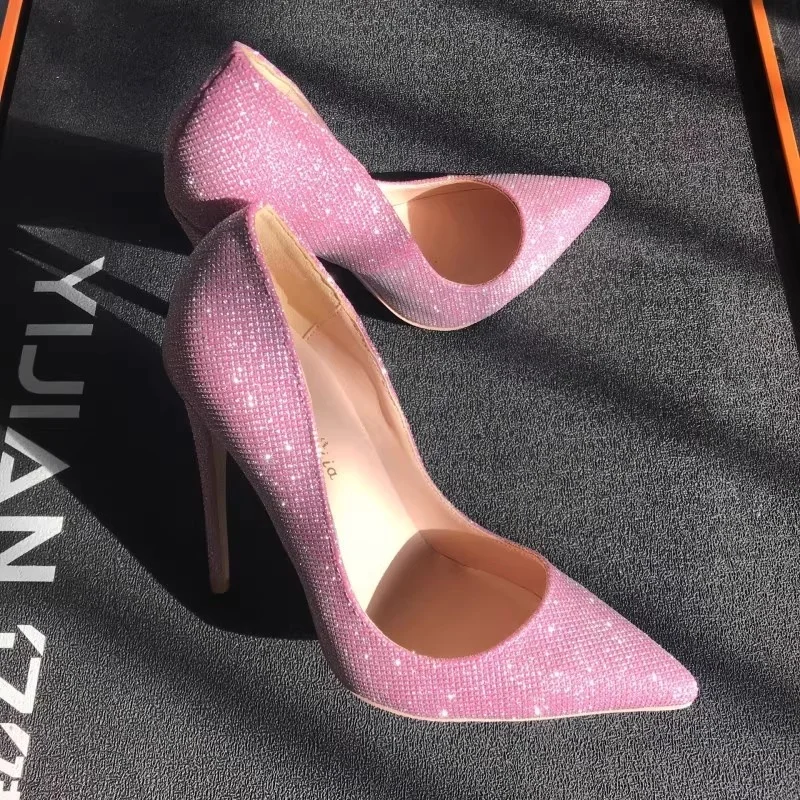 

2025 Spring New Women's Pink Bling High Heels Pointed Toe Stiletto Shallow Elegant Sexy Banquet Ladies Large Size Office Shoes